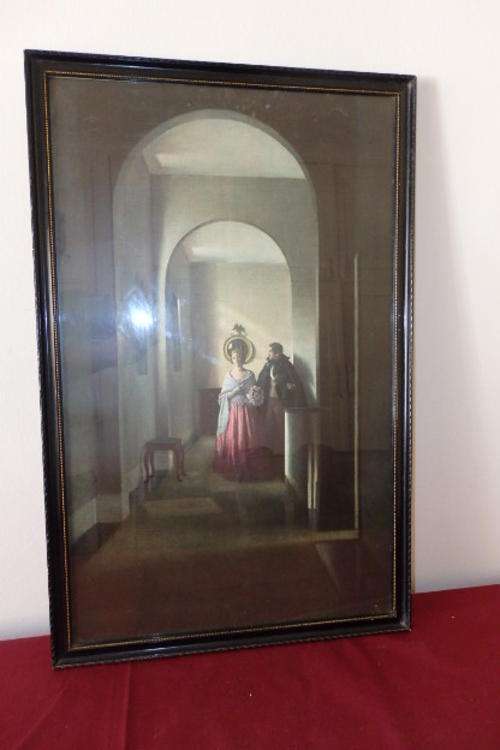 A BEAUTIFUL FRAMED PRINT OF A GENTLEMAN AND LADY WALKING DOWN A HALLWAY
