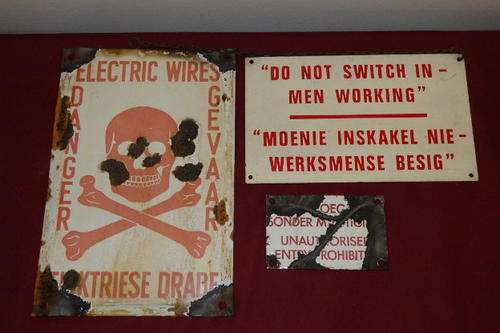 THREE AWESOME "WARNING" SIGNS INCLUDING TWO ENAMEL SIGNS AND A PAINTED SIGN