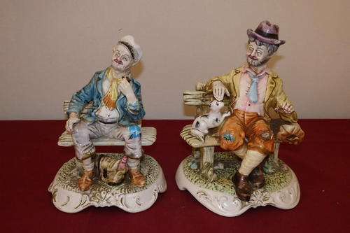 TWO AMAZING STAMPED ITALIAN MADE ORIGINAL "CAPO DI MONTE" PORCELAIN FIGURINES OF "TRAMPS ON A BENCH"