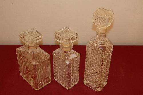 THREE AWESOME GLASS LIQUOR DECANTERS IN FANTASTIC CONDITION = IDEAL LIQUEUR DECANTERS