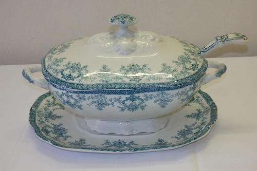 AN AMAZING ANTIQUE (c1885) "NEW WHARF POTTERY" OF ENGLAND IRONSTONE TUREEN AND PLATE AND LADLE