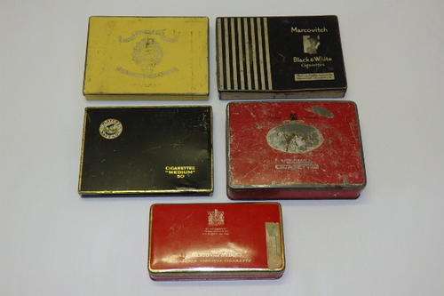 A FANTASTIC COLLECTION OF FIVE REALLY RARE VINTAGE AND ANTIQUE COLLECTABLE METAL CIGARETTE TINS