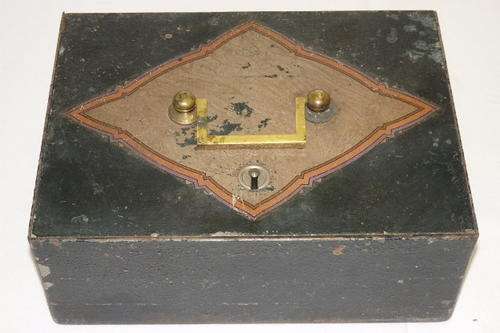 AN AMAZING ANTIQUE (c1900's) "SOLID AND HEAVY" METAL STRONG BOX WITH A BRASS HANDLE