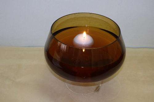 AN EXQUISITE "LARGE" ROUND "OLIVE GREEN" VASE/ BOWL ON A CLEAR HAND BLOWN GLASS STEM