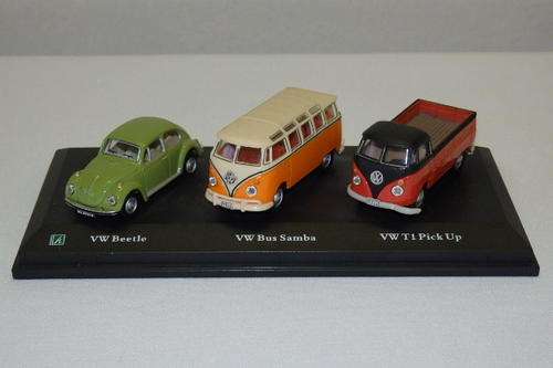 A FANTASTIC VOLKSWAGEN "TRIO" DIE CAST MINIATURE SET INCLUDING THE BEETLE, SAMBA BUS AND PICK-UP