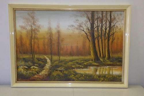 A MAGNIFICENT ORIGINAL "FOREST SCENE" OIL ON BOARD PAINTING IN A BEAUTIFUL FRAME = STUNNING ART