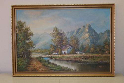 AN EXQUISITE ORIGINAL LANDSCAPE OIL ON BOARD PAINTING BY WELL KNOWN SA ARTIST L. PARKER