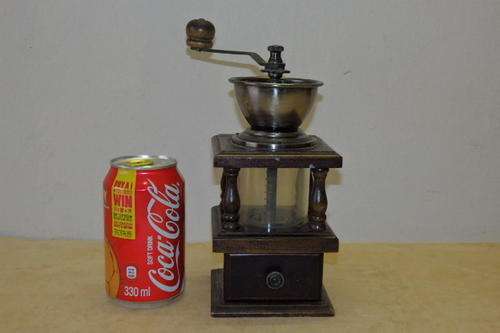 AN AWESOME WOODEN HAND CRANKED COFFEE GRINDER WITH "VIEWING CHAMBER" AND CATCHMENT DRAWER
