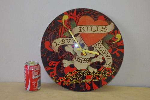 AN INCREDIBLE ORIGINAL "ED HARDY" BY CHRISTIAN AUDIGIER "LOVE KILLS SLOWLY" GLASS CLOCK