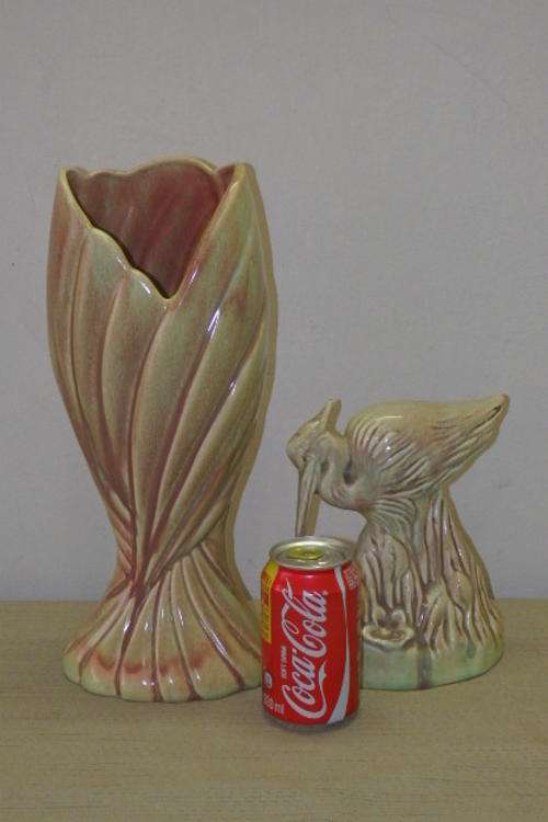 TWO STUNNING VINTAGE ART DECO WEST COAST POTTERIES STONEWARE PIECES INCLUDING A LARGE LOTUS BUD VASE