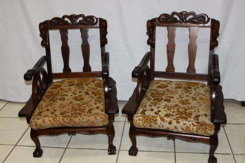 WOW!!! A BEAUTIFUL PAIR OF ANTIQUE CARVED BALL & CLAW CHAIRS; PERFECT FEATURE PIECE! bid / chair