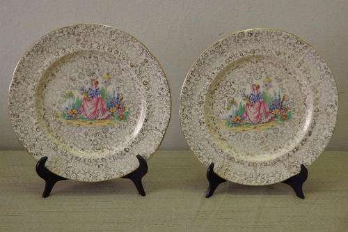TWO EXQUISITE RARE VINTAGE H&K POTTERIES OF ENGLAND "CHINTZ" "CRINOLINE LADY" COLLECTABLE PLATES