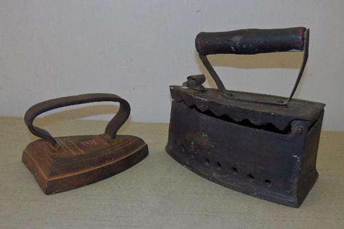 TWO FANTASTIC ANTIQUE CLOTHES IRONS INCLUDING A VERY RARE SCOTTISH MADE "FALKIRK No. 5"