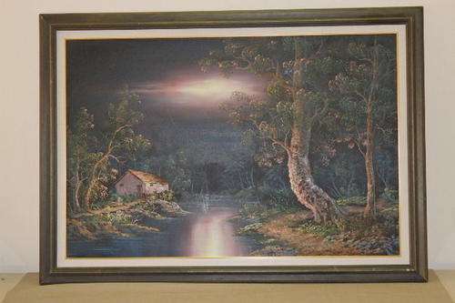 A FANTASTIC ORIGINAL SIGNED "FOREST COTTAGE AT SUNSET" OIL PAINTING IN A STUNNING WOOD FRAME