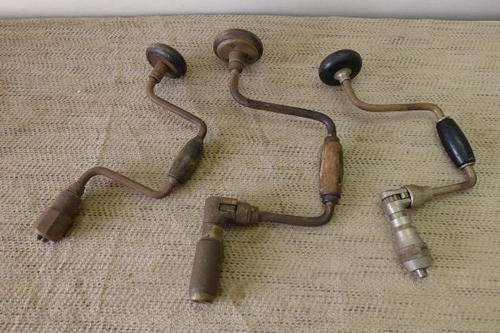 THREE INCREDIBLE VINTAGE HAND DRILL BRACES INCLUDING A RARER JA CHAPMAN BRACE