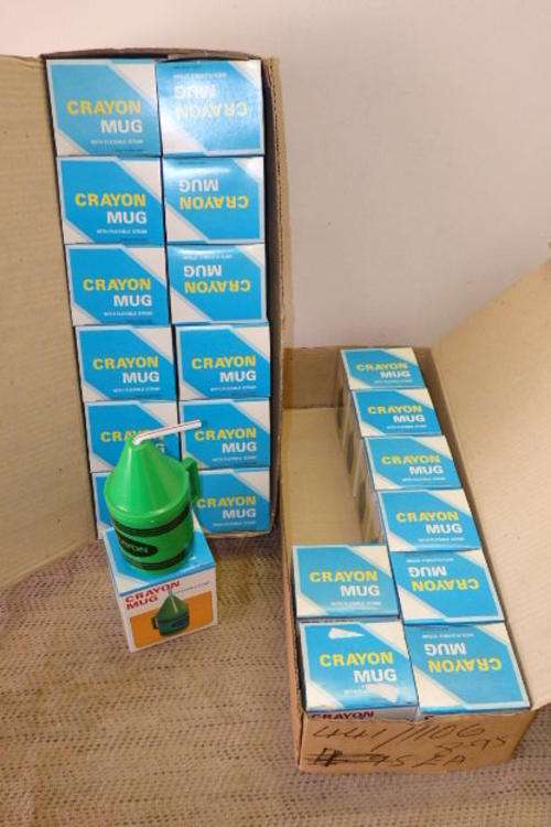 TWENTY-ONE AWESOME "CRAYON" SHAPED CHILDREN'S DRINKING CUPS WITH FLEXIBLE STRAWS IN THEIR BOXES