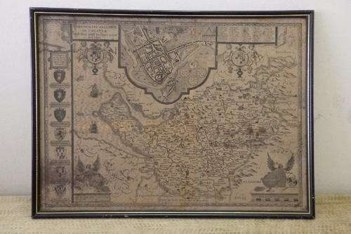 A WONDERFUL OLD FRAMED VINTAGE MAP OF "ANCIENT" CHESTER IN THE UK WITH ARMS OF EARLS ON THE MAP