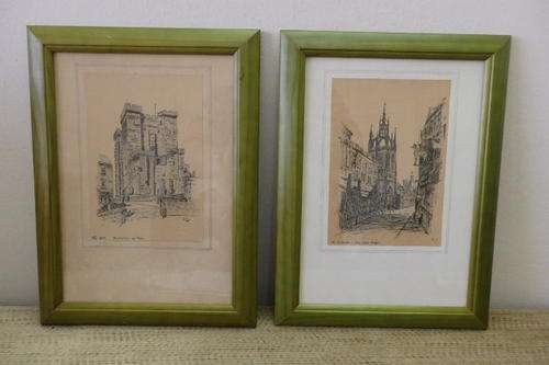 TWO STUNNING ORIGINAL VINTAGE PEN SKETCHES OF THE KEEP IN NEWCASTLE ON TYNE AND CATHEDRAL
