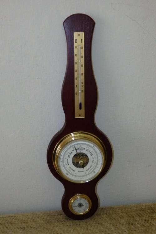 A STUNNING GERMAN STAIGER WOODEN WEATHER GAUGE INCLUDING A HYGROMETER, A THERMOMETER AND A BAROMETER