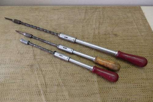 THREE AWESOME VINTAGE ENGLISH MADE STANLEY "YANKEE" SPIRAL RATCHET SCREWDRIVERS