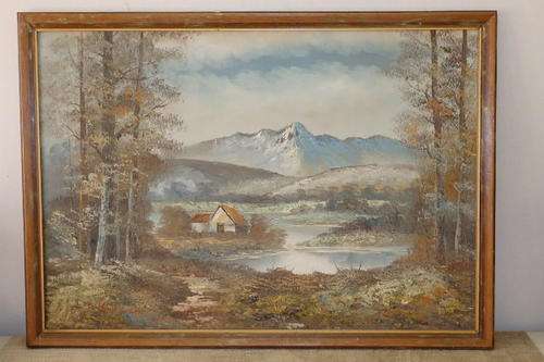 AN AWESOME FRAMED ORIGINAL OIL PAINTING OF A SECLUDED COTTAGE ON THE BANKS OF A LAKE