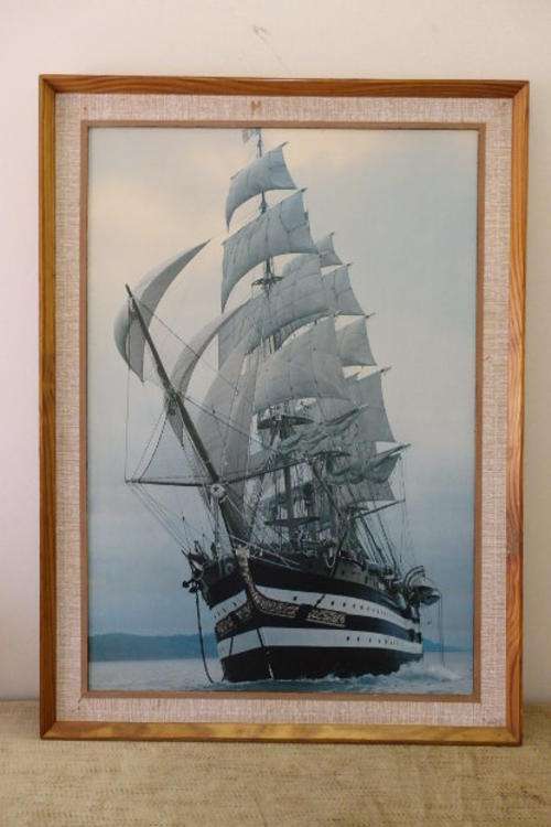 AN AWESOME VINTAGE SAILING SHIP FRAMED PHOTOGRAPH PRINT IN A 1970's RETRO STYLE FRAME