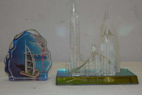TWO FANTASTIC "DUBAI" GLASS ORNAMENTS INCLUDING A TRIO WITH THE BURJ AL ARAB, BURJ KHALIFA ETC