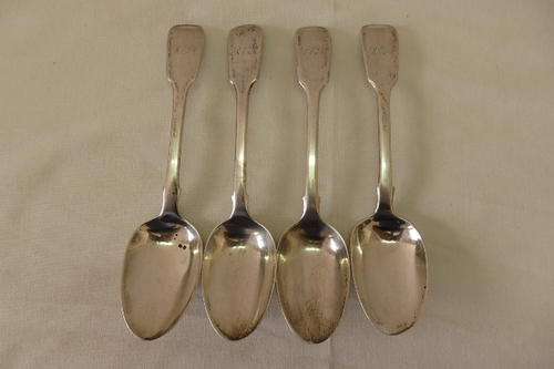 FOUR INCREDIBLE ANTIQUE (1800's) HALLMARKED STERLING SILVER DESSERT SPOONS WITH A PERSONAL INSIGNIA