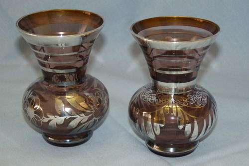 TWO FANTASTIC VINTAGE VENETIAN GLASS POSY VASES WITH INCREDIBLE SILVER OVERLAY DETAILING