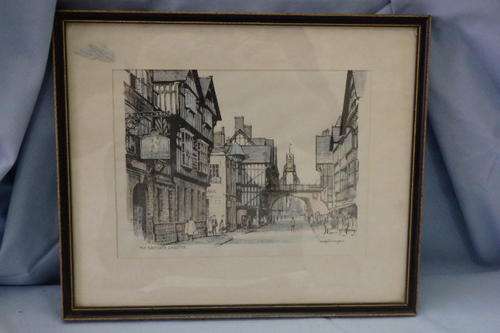 A STUNNING FRAMED PRINT OF BRITISH ARTIST GEORGE THOMPSON'S SKETCH "THE EASTGATE, CHESTER"