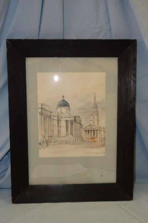 AN EXQUISITE FRAMED WATERCOLOUR PRINT OF THE NATIONAL GALLERY & ST. MARTIN IN THE FIELD IN LONDON