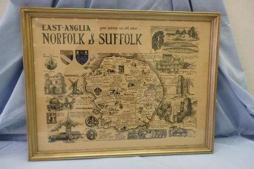 AN AWESOME FRAMED VINTAGE MAP OF EAST ANGLIA NORFOLK & SUFFOLK "GREEN PASTURES AND STILL WATERS"