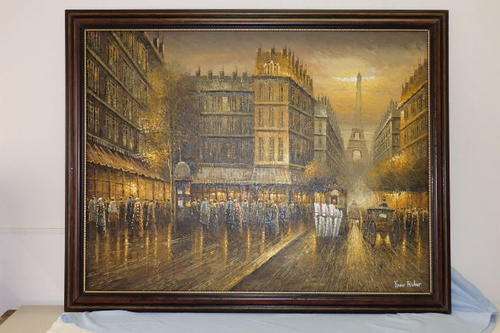 A MAGNIFICENT HUGE FRAMED ORIGINAL OIL ON BOARD PAINTING OF A PARISIAN STREET SCENE