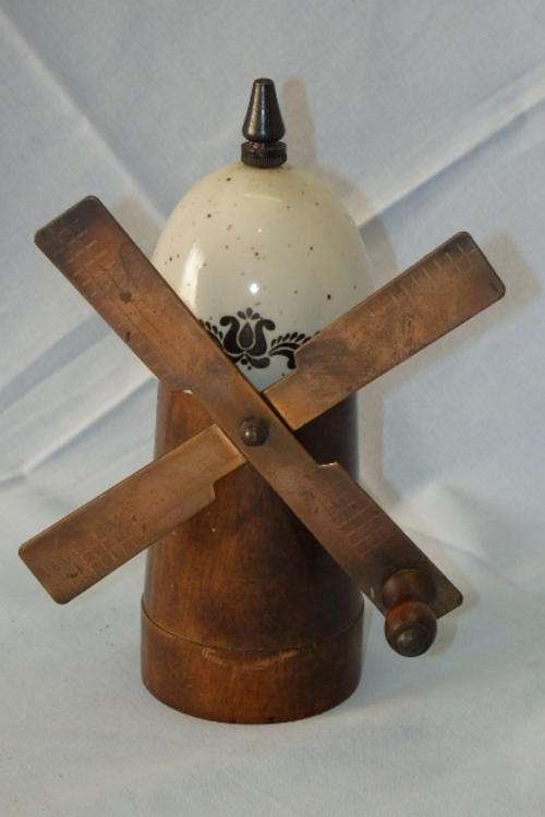 AN VERY UNUSUAL VINTAGE DUTCH WOOD, PORCELAIN AND COPPER WINDMILL SPICE GRINDER