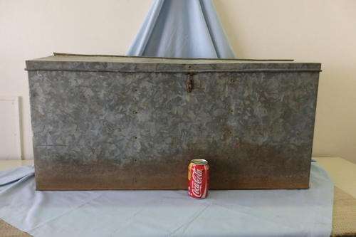 AN AWESOME LARGE THREE-DIVISION GALVANISED METAL FEED BIN WITH A HINGED LOCKABLE LID