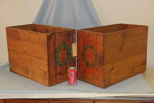 TWO AWESOME VINTAGE "BOTTLED LAUREL PARAFFIN OIL" BRANDED WOODEN CRATES