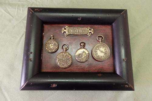 A WONDERFUL "DISPLAY" OF BRASS POCKET WATCHES IN A "VINTAGE STYLE" BOX FRAME