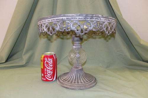 AN INCREDIBLE VINTAGE TALL "FOOTED" METAL CAKE/ PASTRY STAND WITH A BEAUTIFUL DETAILED GLASS PLATE