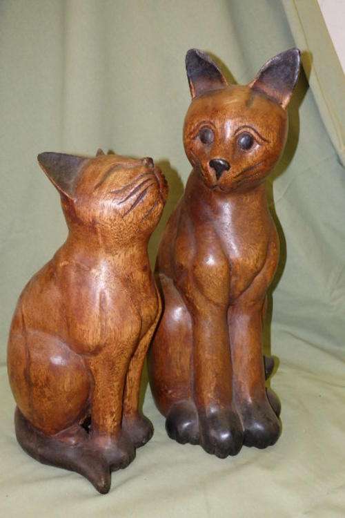 TWO EXQUISITE "TALL" HAND CARVED AND STAINED WOODEN CAT ORNAMENTS WITH WONDERFUL FEATURES