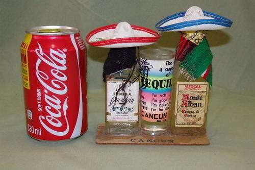 AN AWESOME ORNAMENTAL "TEQUILA" (SHOT GLASS & 2 MINIATURE BOTTLES) BAR DISPLAY FROM CANCUN, MEXICO