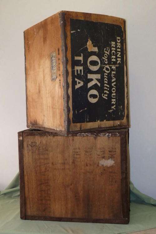TWO AWESOME VINTAGE "LARGE" WOODEN TEA BOXES INCLUDING A JOKO TEA BOX