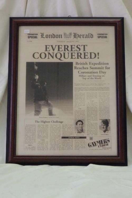 A FANTASTIC FRAMED "THE LONDON HERALD" FRONT PAGE WITH ARTICLES OF THE CONQUERING OF MT. EVEREST
