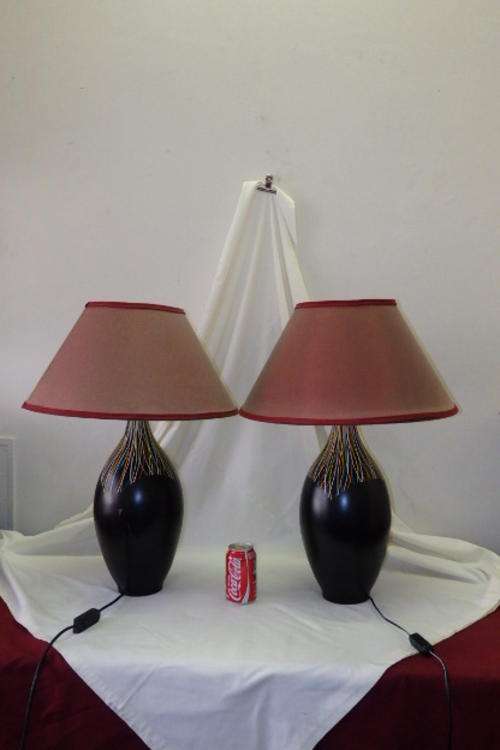 TWO AWESOME TALL CHOCOLATE BROWN CERAMIC LAMPS WITH COLOURFUL DETAILING AND BURGUNDY SHADES