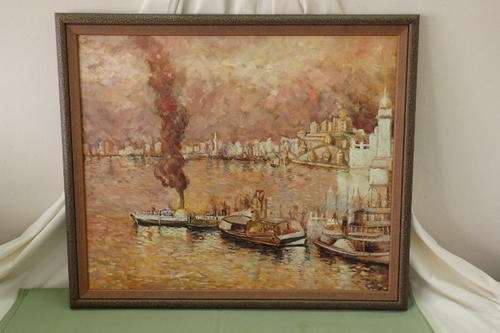 A FABULOUS ORIGINAL FRAMED AND SIGNED "STEAMBOATS ON THE NILE" OIL ON BOARD PAINTING
