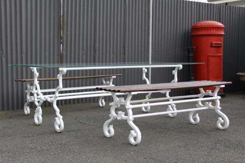 A MAGNIFICENT SOLID WROUGHT IRON & GLASS PATIO TABLE w 2 BENCHES!!! WOW!!!!!!! THIS IS AWESOME!!!!