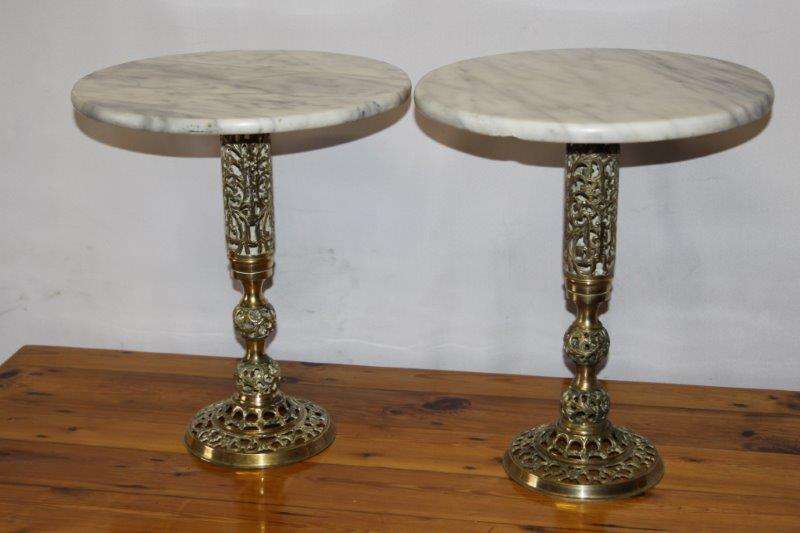 A PAIR OF STUNNING SOLID BRASS & MARBLE COFFEE TABLES IN GREAT CONDITION - AWESOME FURNITURE! bid/ea