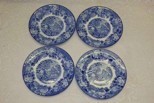 FOUR BEAUTIFUL ANTIQUE ENOCH WOODS OF ENGLAND "ENGLISH SCENERY" BLUE AND WHITE SIDE PLATES