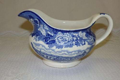 AN AWESOME ANTIQUE ENOCH WOODS OF ENGLAND "ENGLISH SCENERY" BLUE AND WHITE MILK JUG