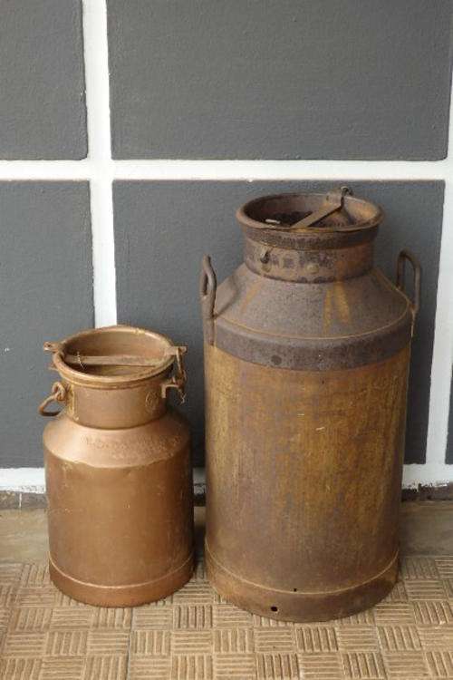 TWO AWESOME (DIFFERENT SIZE) VINTAGE METAL MILK CANISTERS WITH LOTS OF CHARM AND CHARACTER