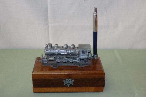 A BEAUTIFUL OLD TEAK? WOODEN "DESK" BOX WITH A STUNNING CAST METAL LOCOMOTIVE TRAIN